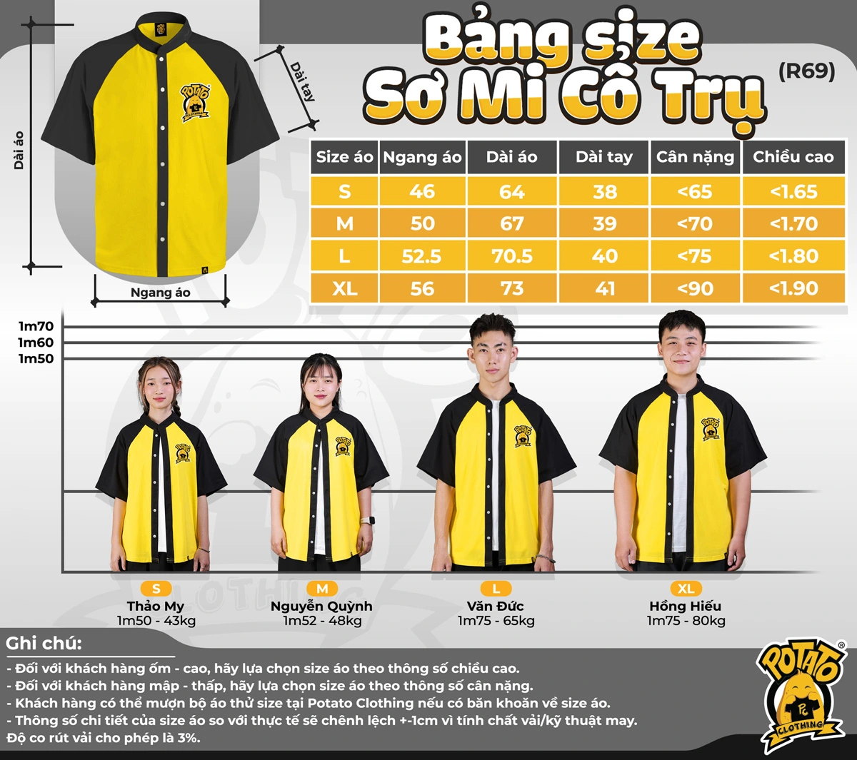 Bảng size sơ mi cổ trụ