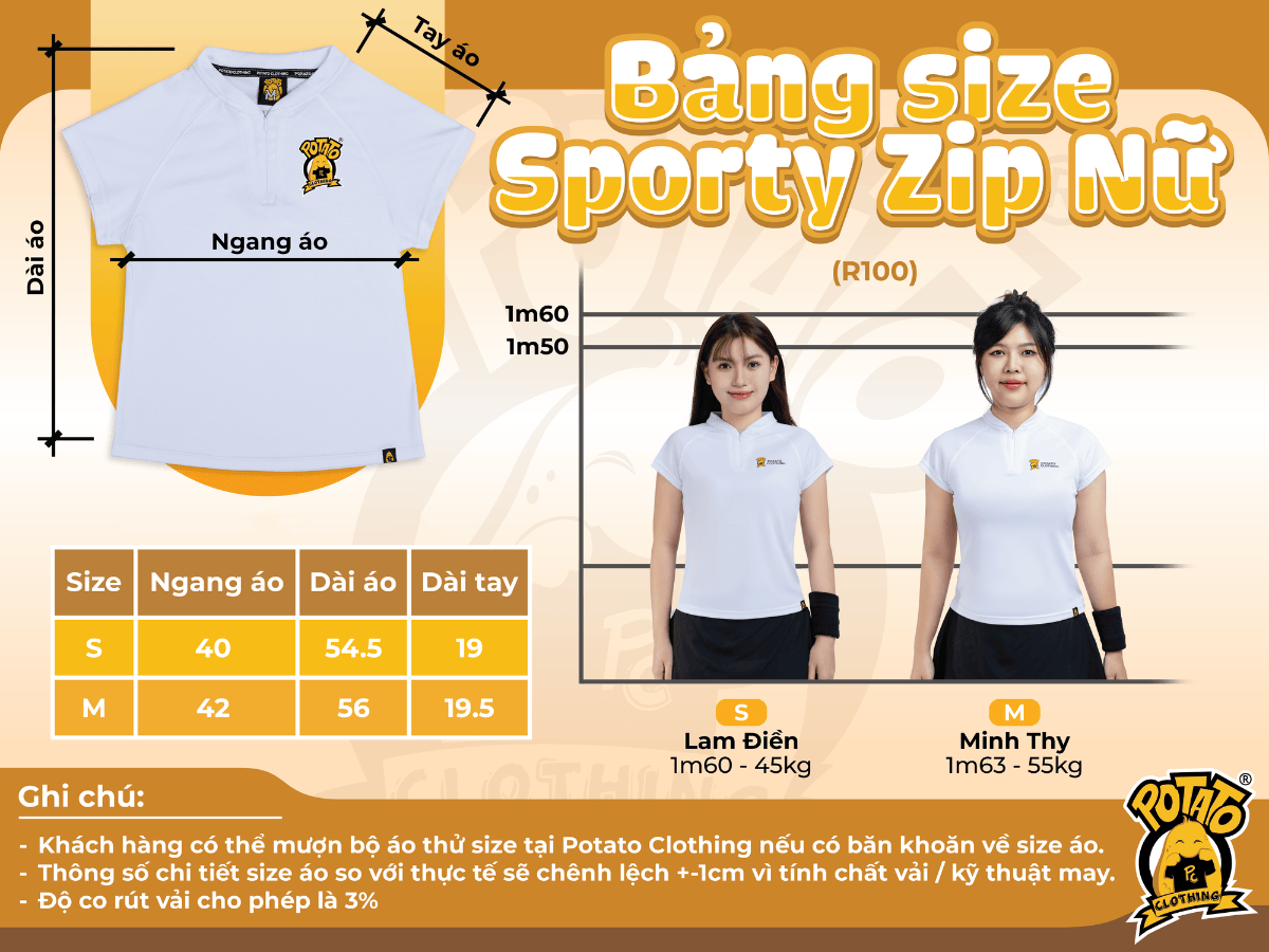 Bảng size Sporty Zip Nữ