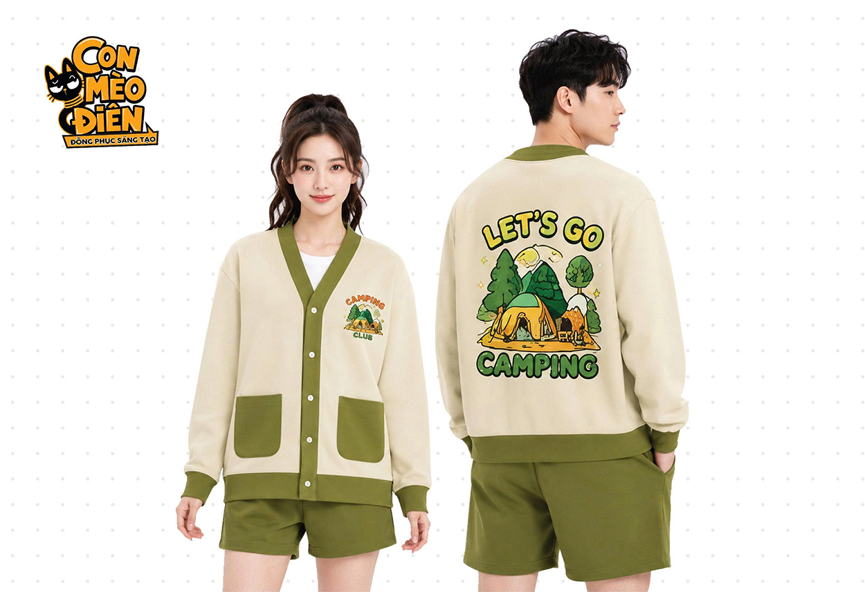 Áo cardigan lớp Camping Club màu rêu phối be