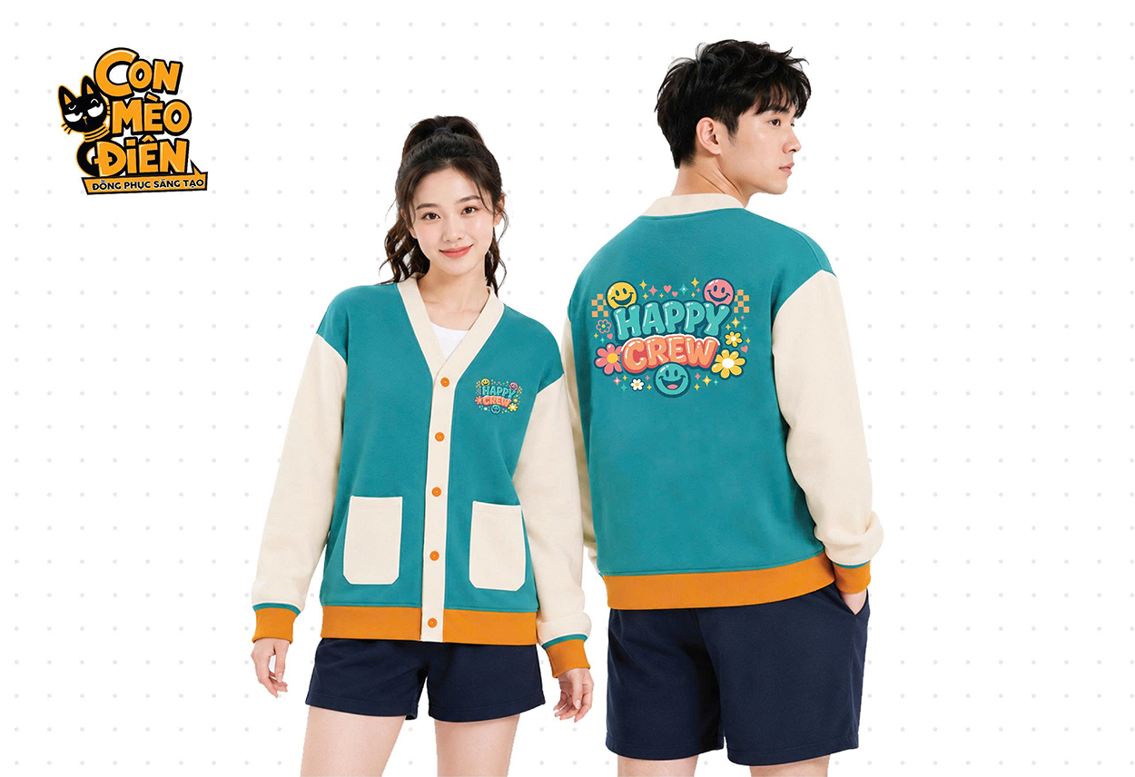 Áo cardigan lớp Happy Crew màu xanh phối be