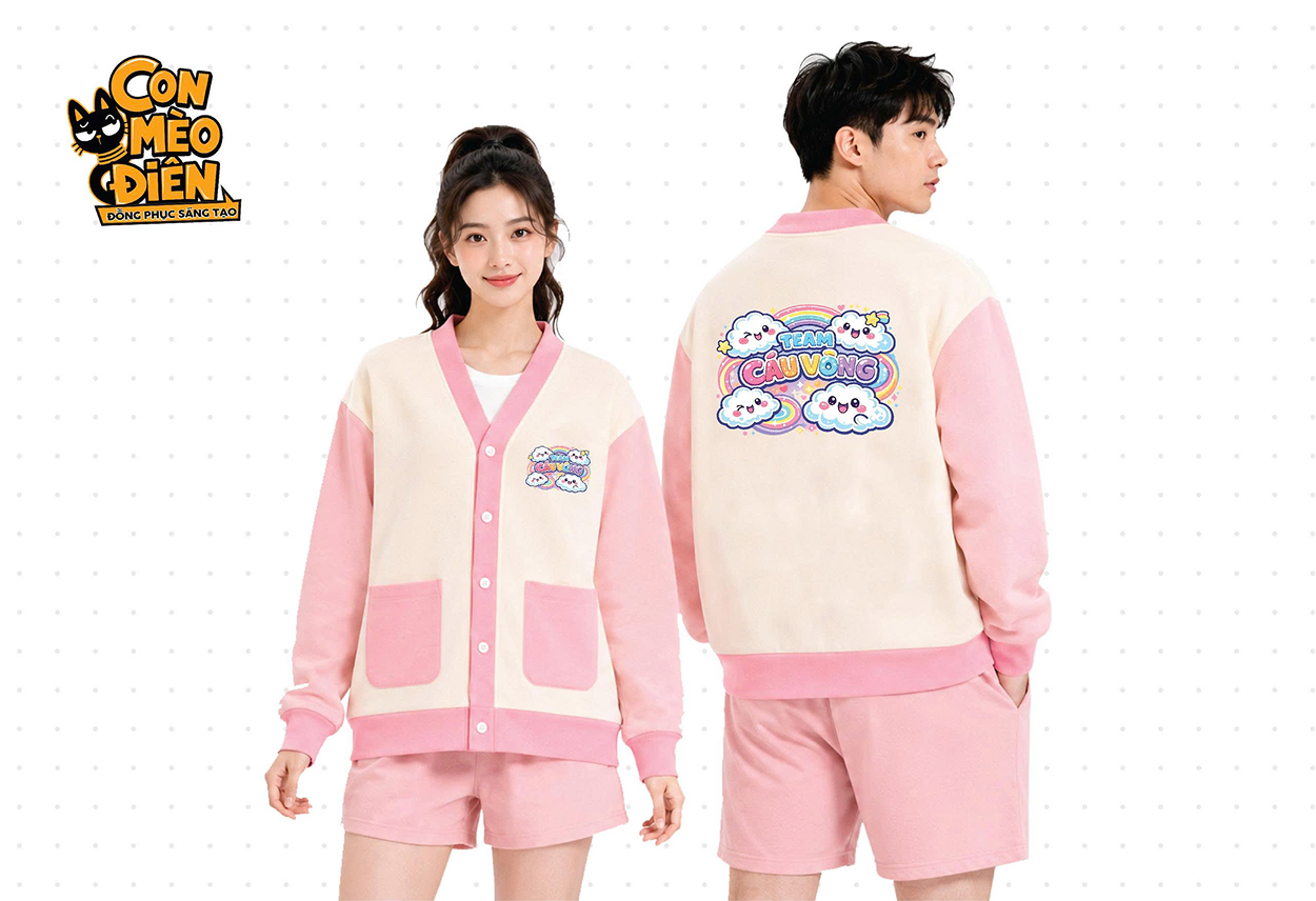 Áo cardigan lớp hình mây màu hồng be