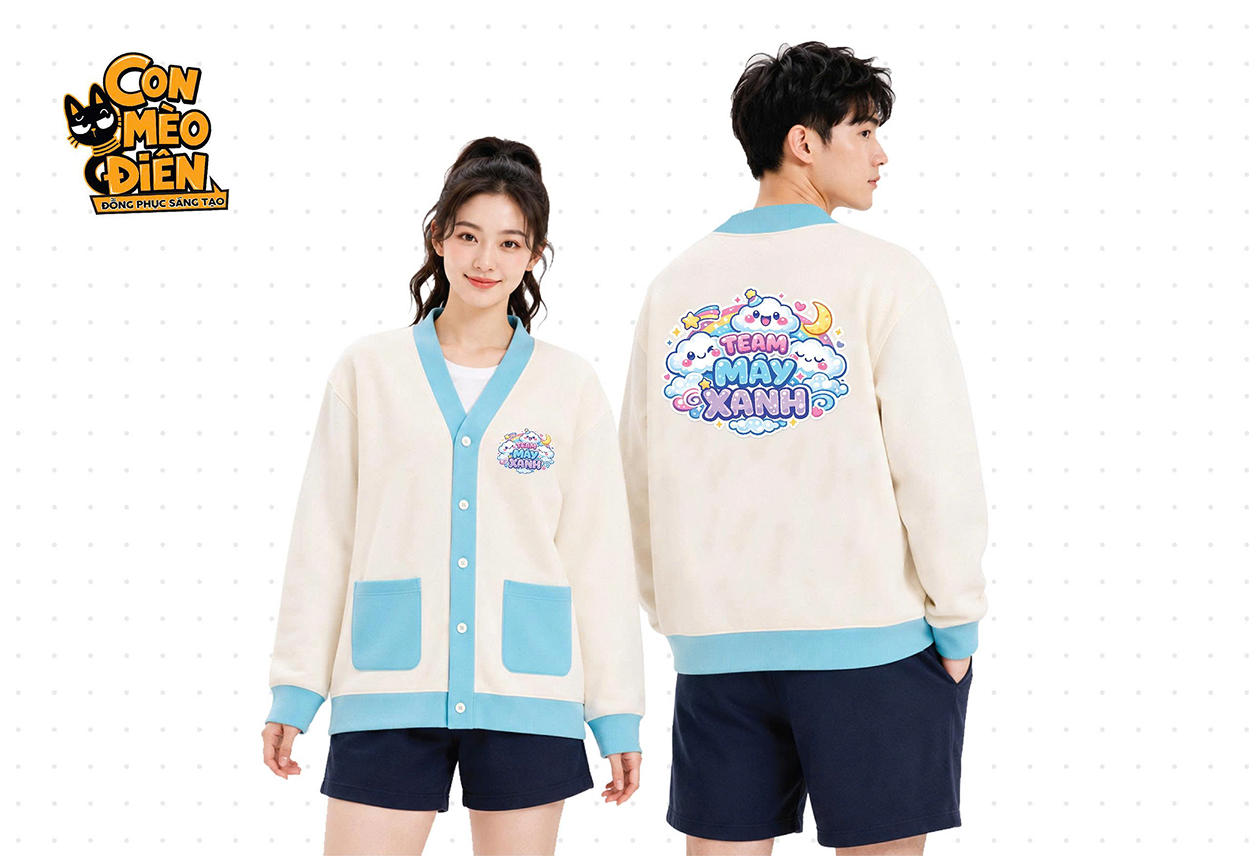 Áo cardigan lớp Team Mây Xanh phối trắng kem