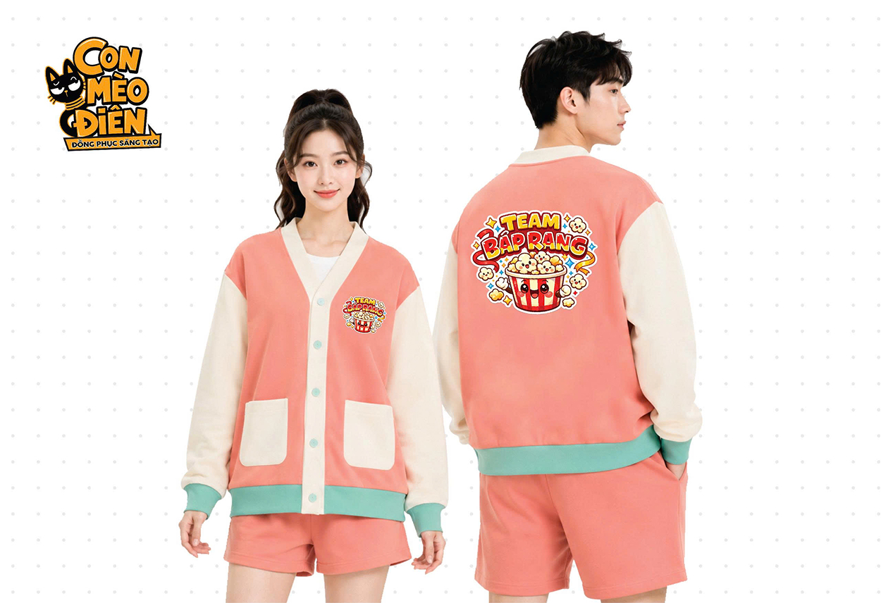 Áo cardigan lớp Team Popcorn màu hồng be