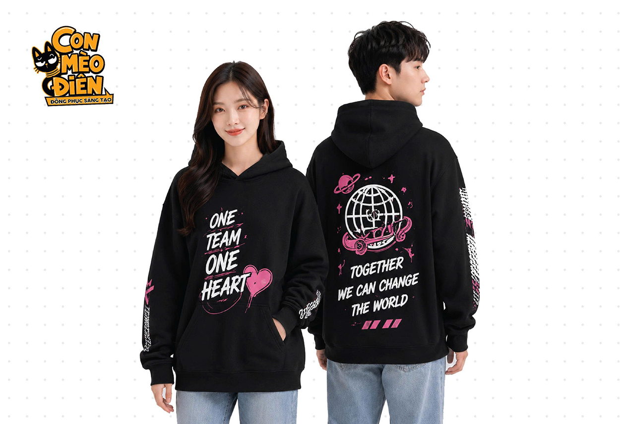 Áo hoodie lớp One Team One Heart màu đen