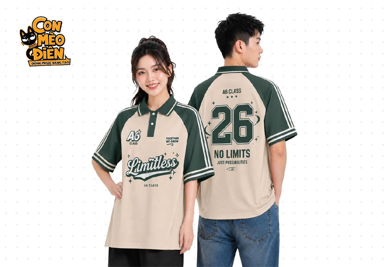 Áo thun polo lớp Limitless be phối xanh rêu