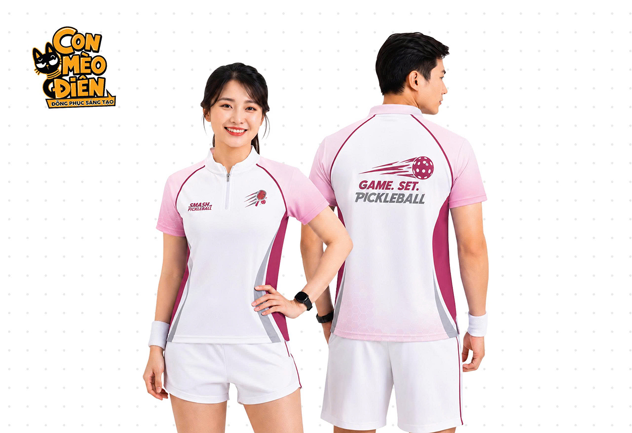 Áo polo Pickleball Smash màu trắng phối hồng tím
