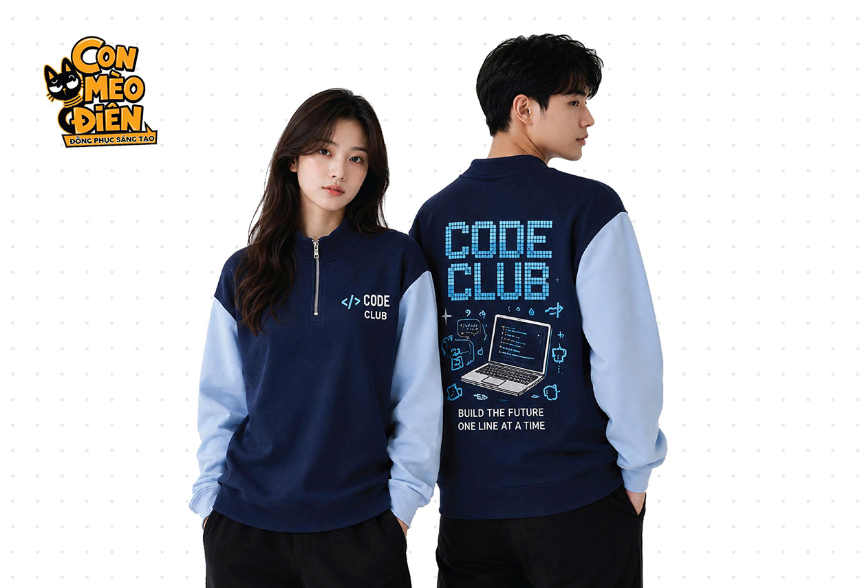 Áo sweater lớp Code Club màu xanh đen phối be