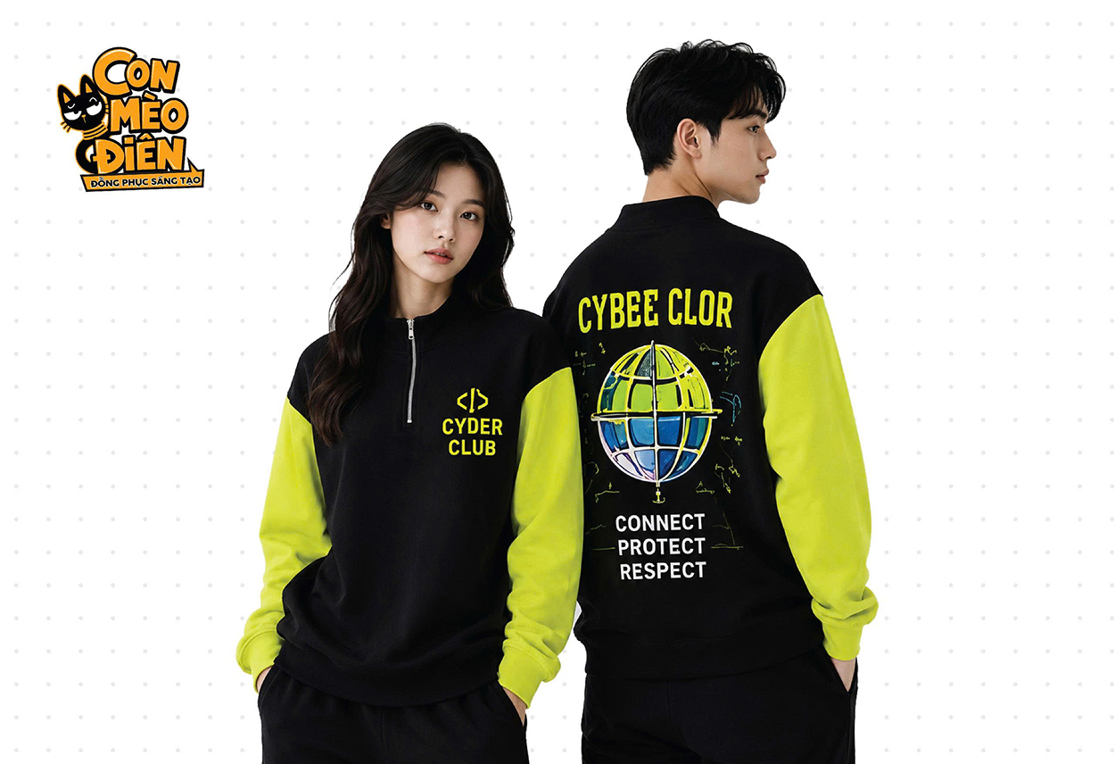 Áo sweater lớp Cyber Club đen phối xanh chuối