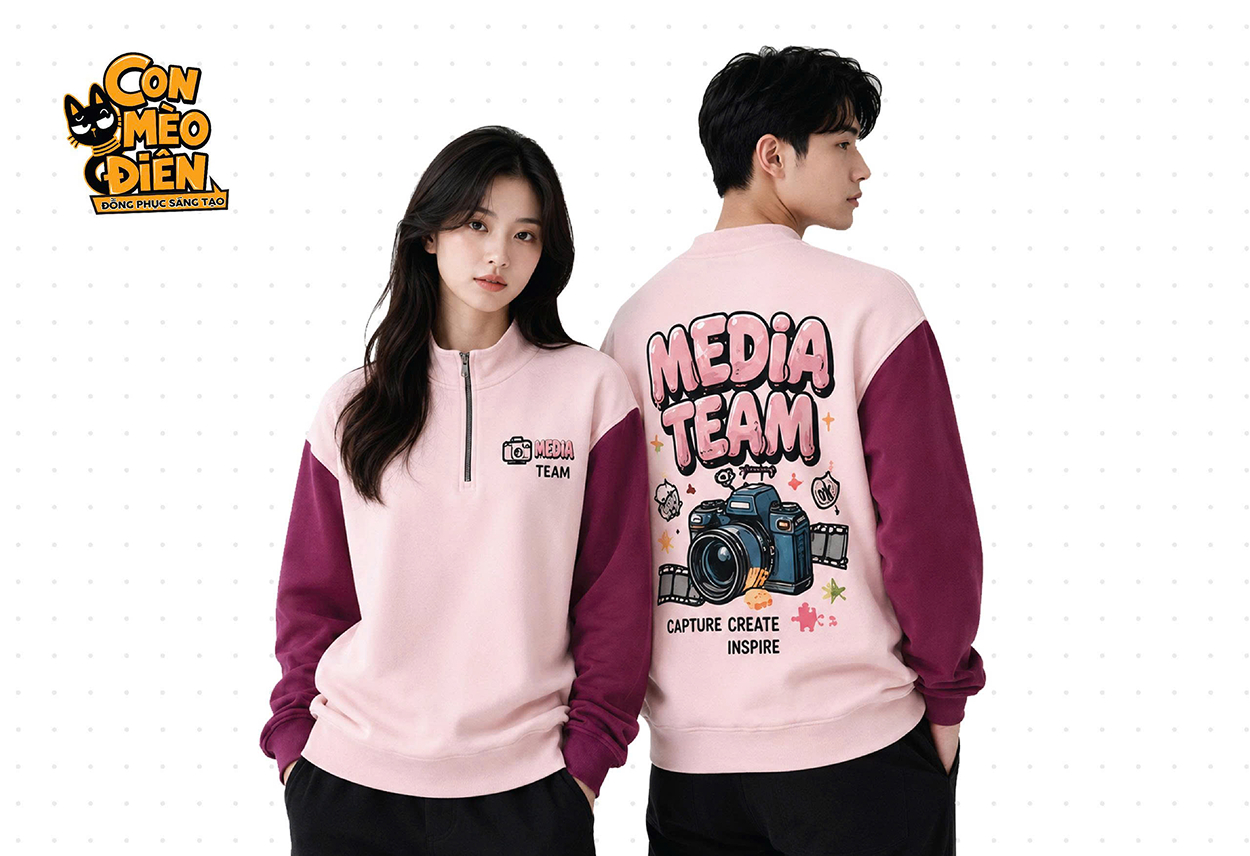 Áo sweater lớp Media Team hồng phối đỏ