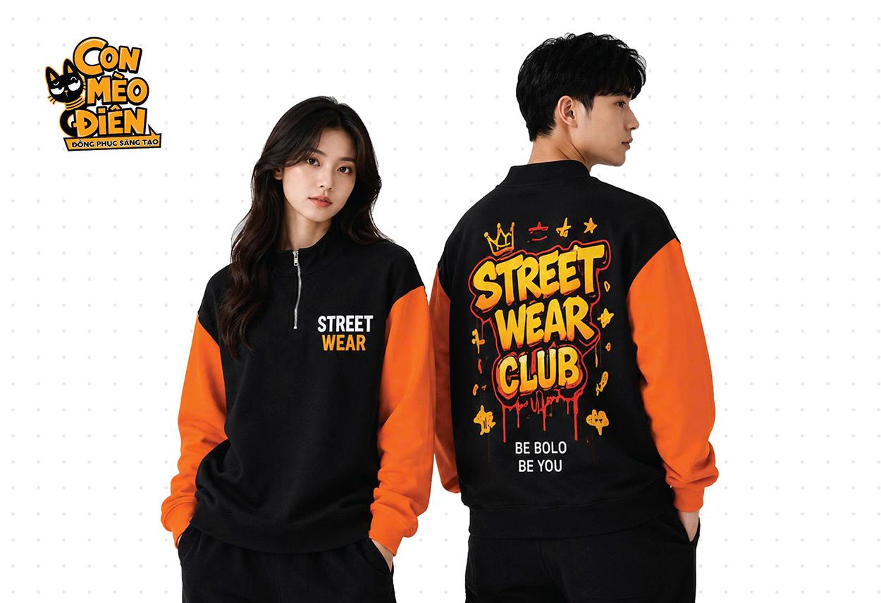 Áo sweater lớp Street Wear đen phối cam