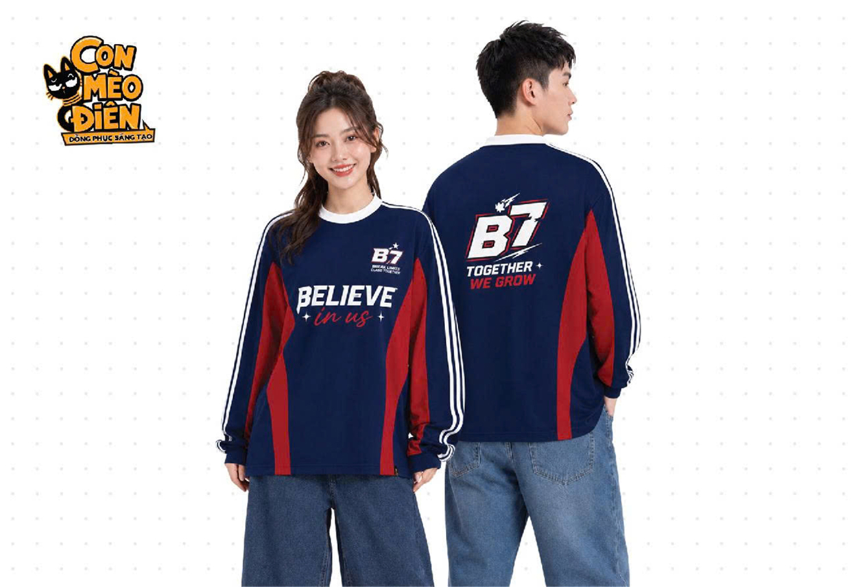 Áo tay dài lớp Believe In Us xanh đen phối đỏ