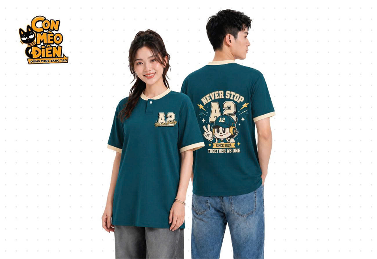Áo thun lớp Never Stop màu xanh cổ vịt phối be
