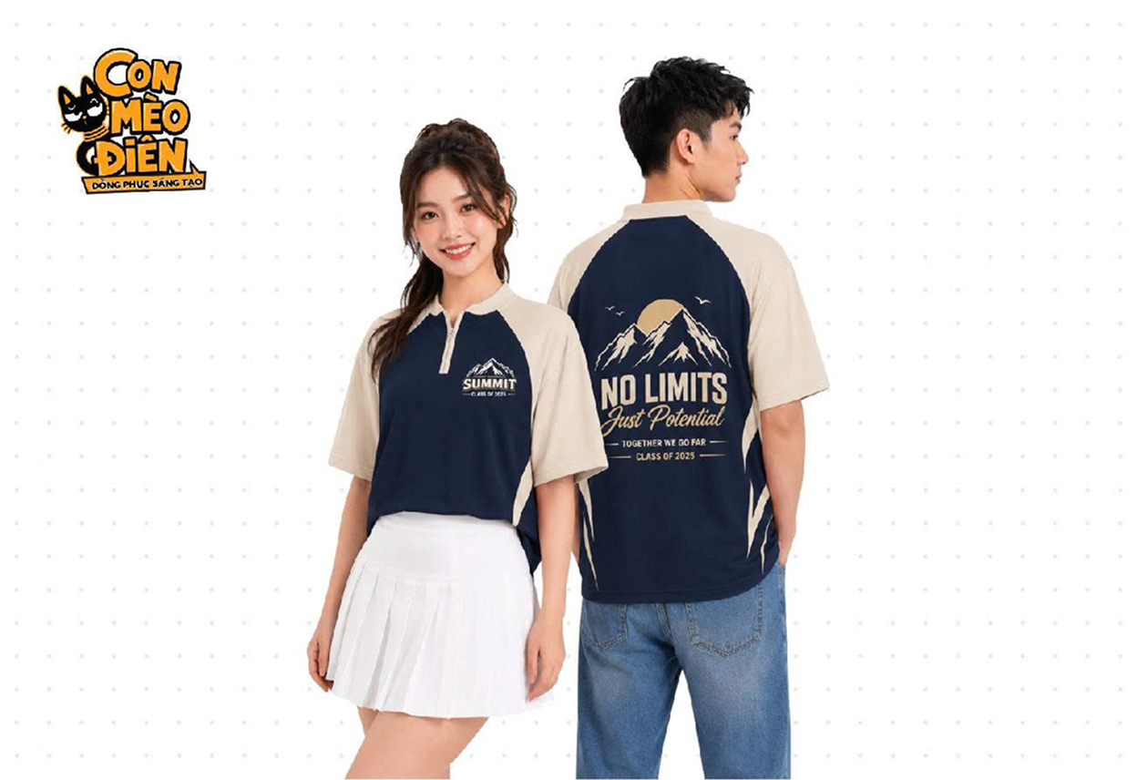 Áo thun lớp NO LIMITS màu be phối xanh đen