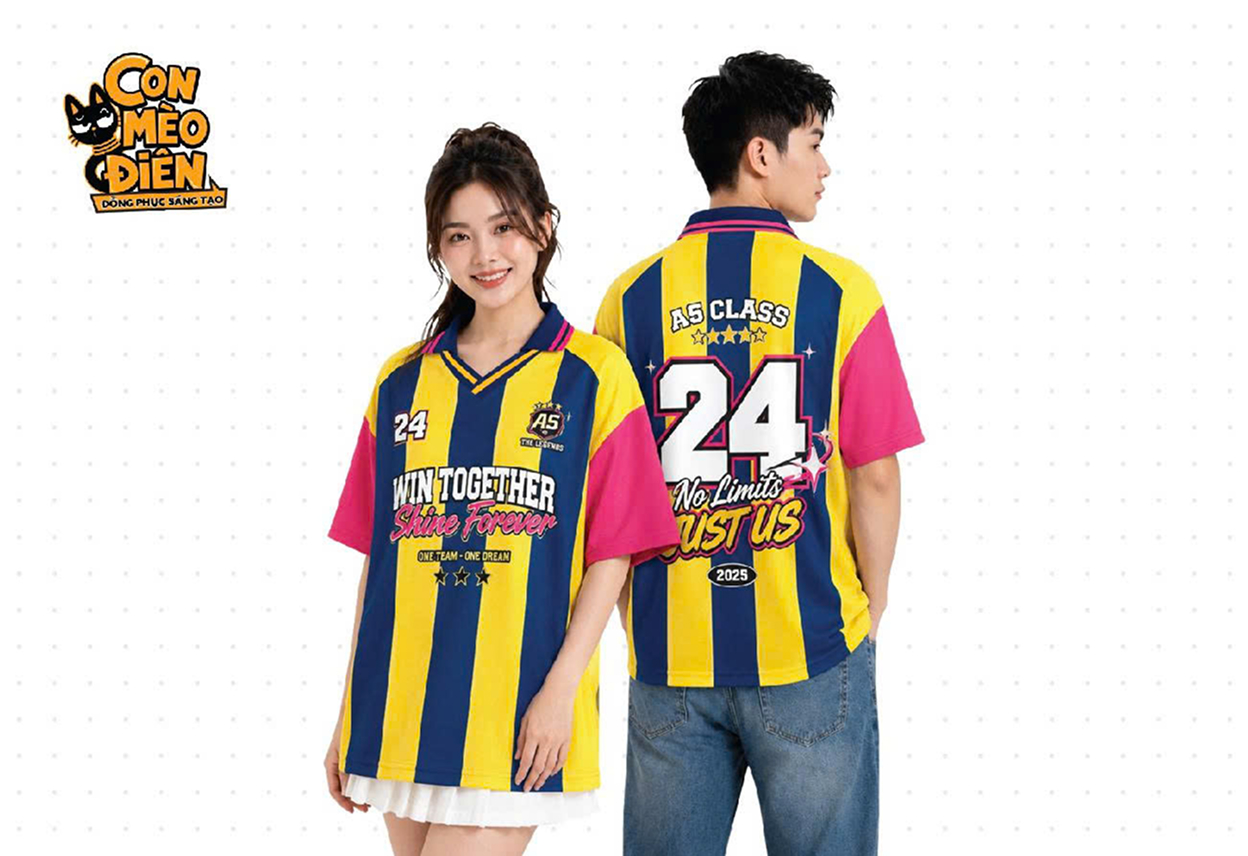 Áo thun lớp Win Together sọc vàng phối tay hồng